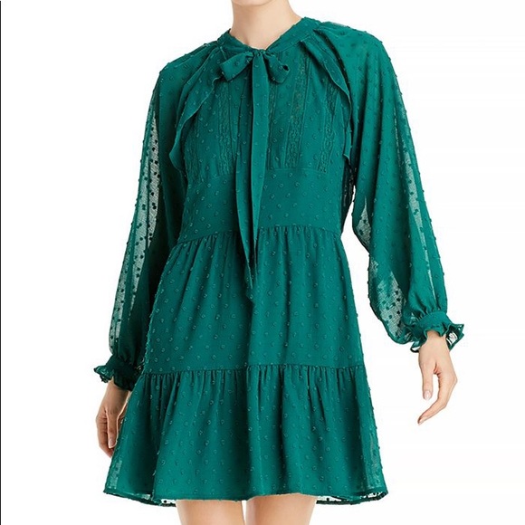 Aqua NWT Ruffle Clip Dot Mini Dress Pussy Bow Bishop Sleeves V Neck Green New - Picture 10 of 10